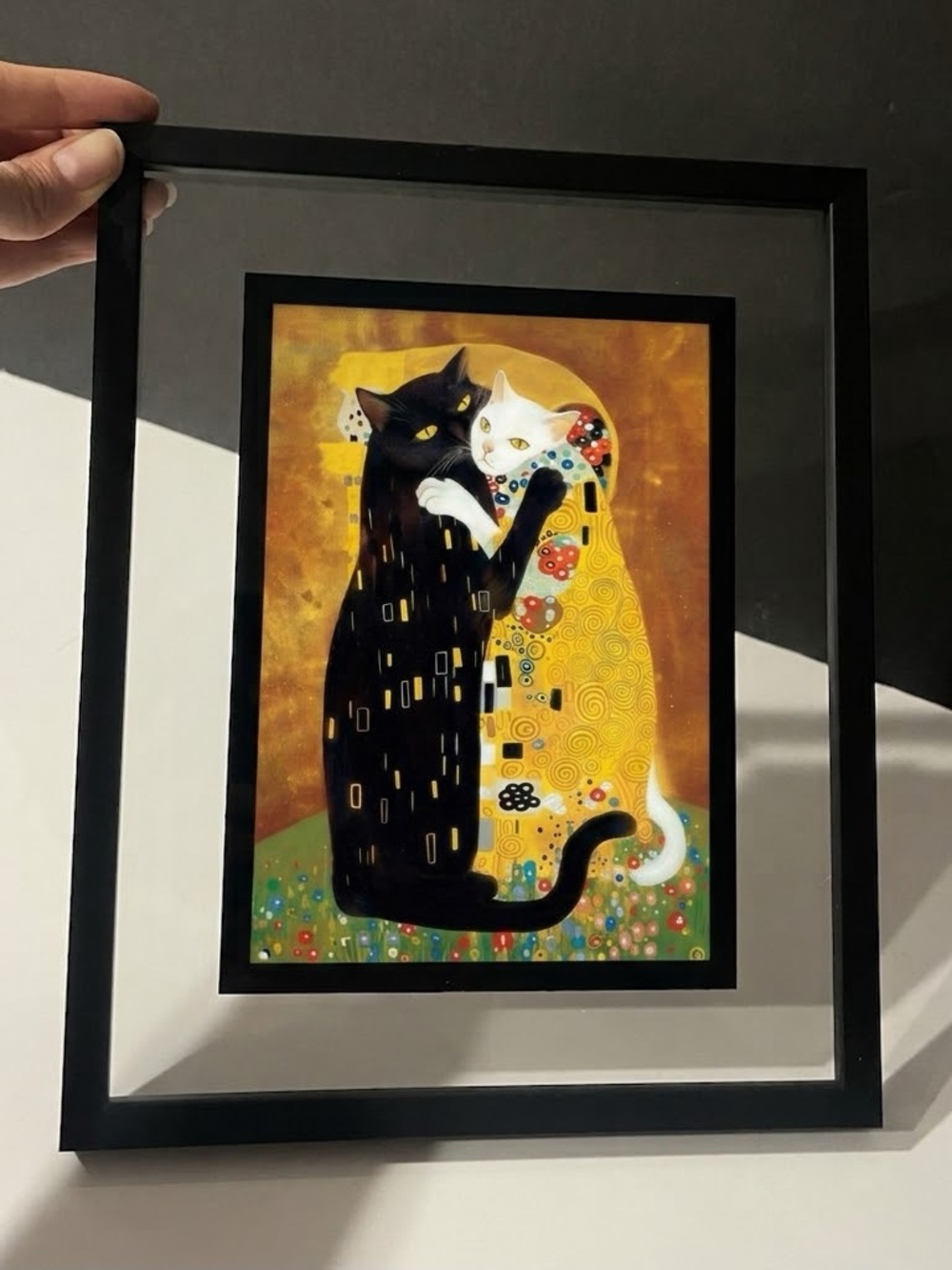 Gustav Klimt Inspired Cat Art Print – Black Framed Print (5”x7” ) floating frame